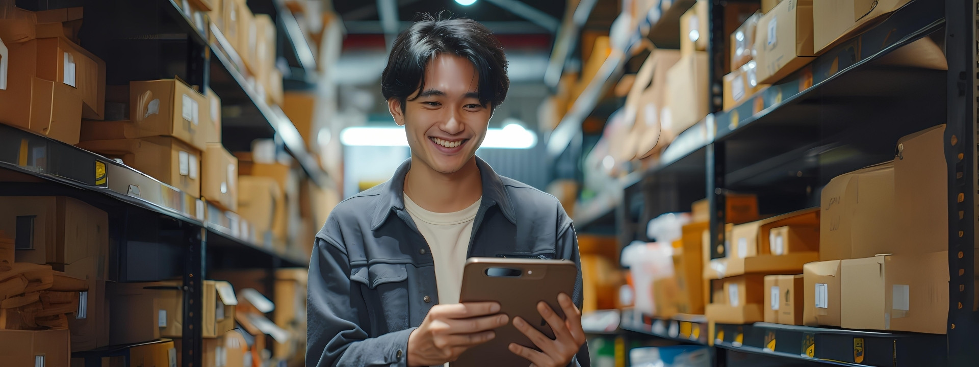 Smiling boy with a tablet in his hand in a warehouse