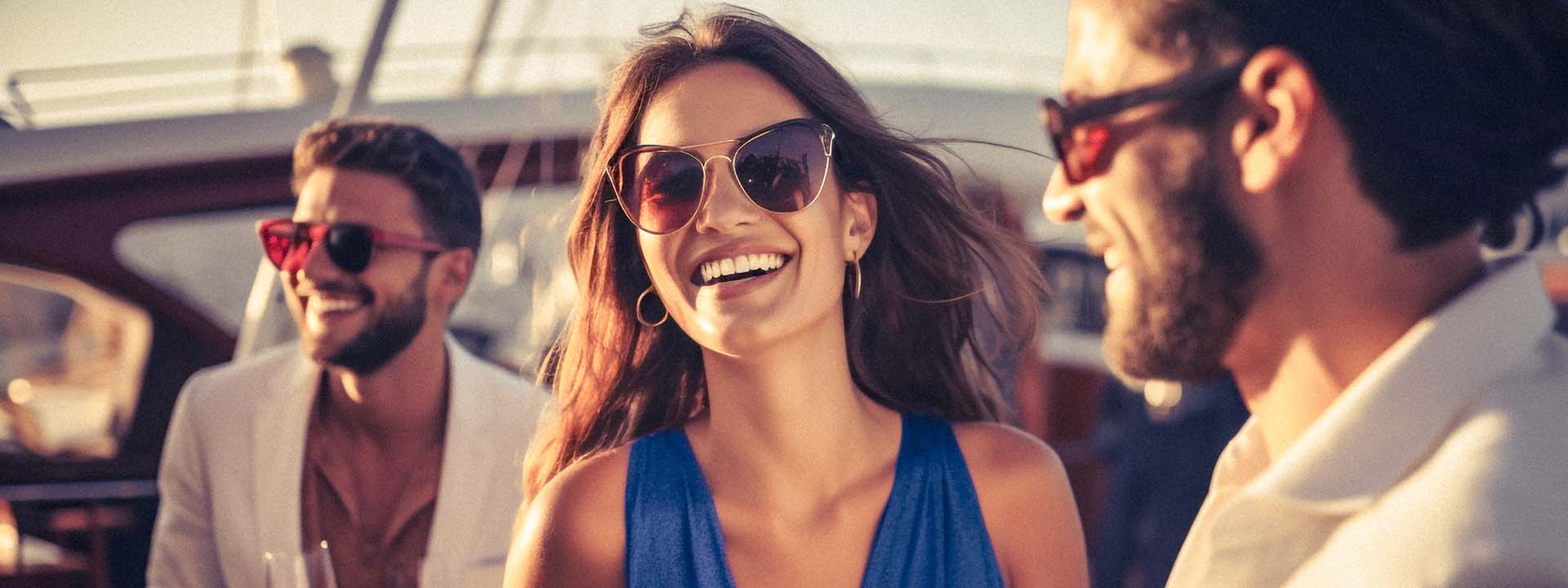 Mujer sonriendo con una copa de champagne