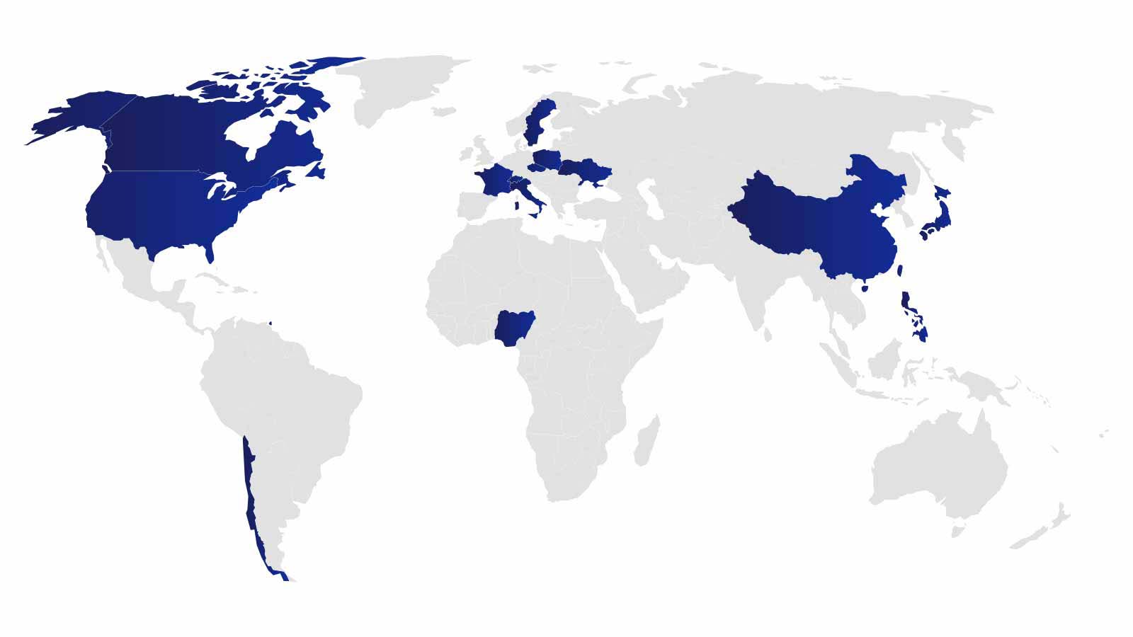 Map of countries/regions from where Team Visa athletes hail. See image description for more details.